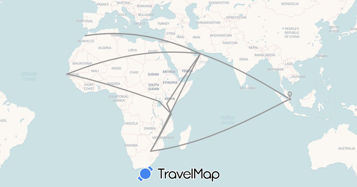 TravelMap itinerary: driving, plane in United Arab Emirates, Kenya, Morocco, Singapore, Senegal, Tanzania, Uganda, South Africa (Africa, Asia)